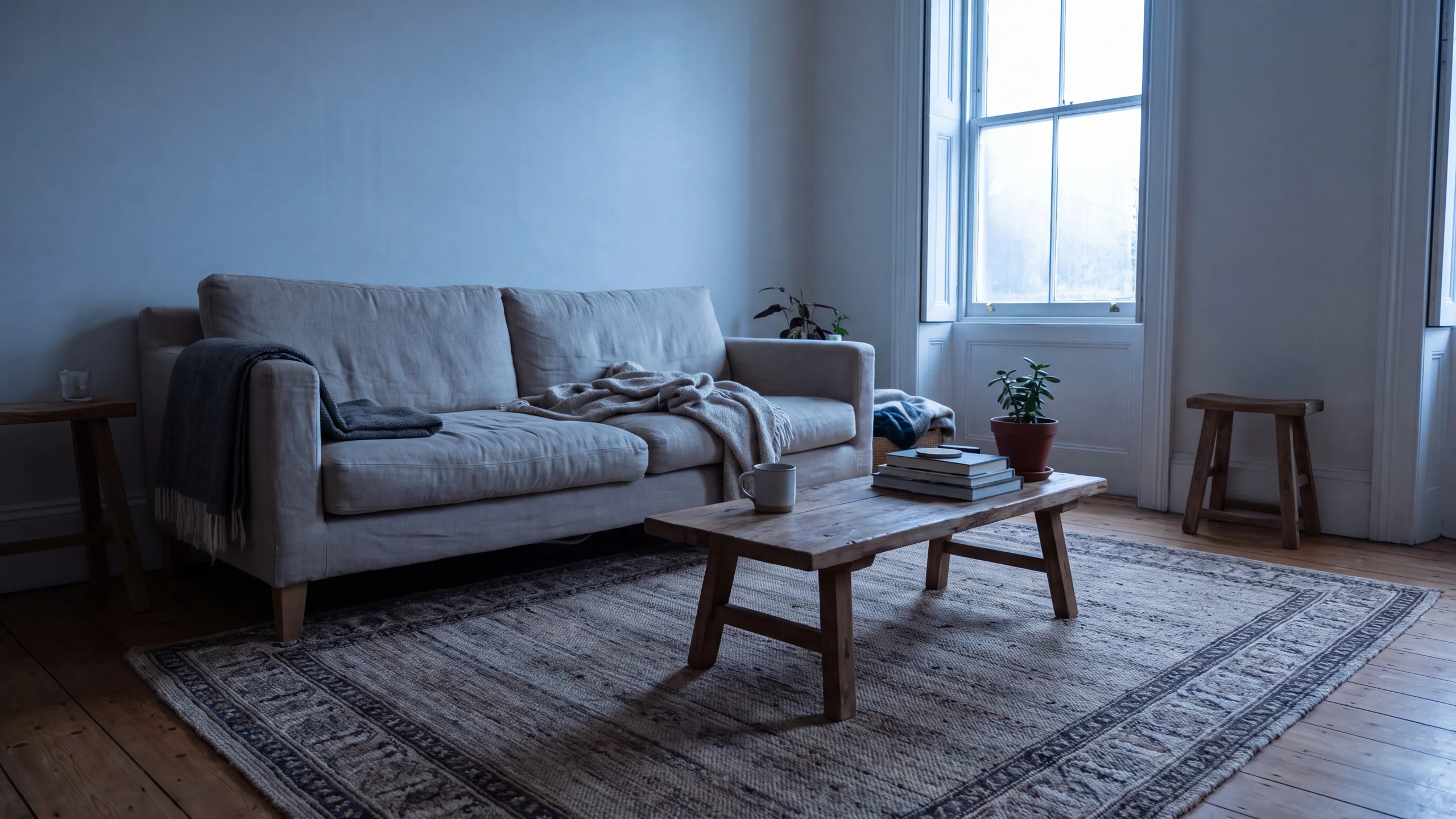 A calm living room at dawn: a linen sofa, an oak coffee table on a wool rug, and a tall window on the right.